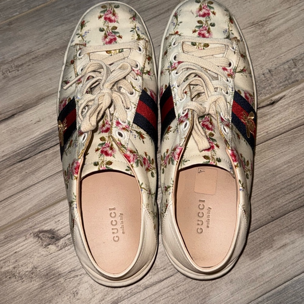 Gucci Cream Floral Sneakers with Red and Black Stripes